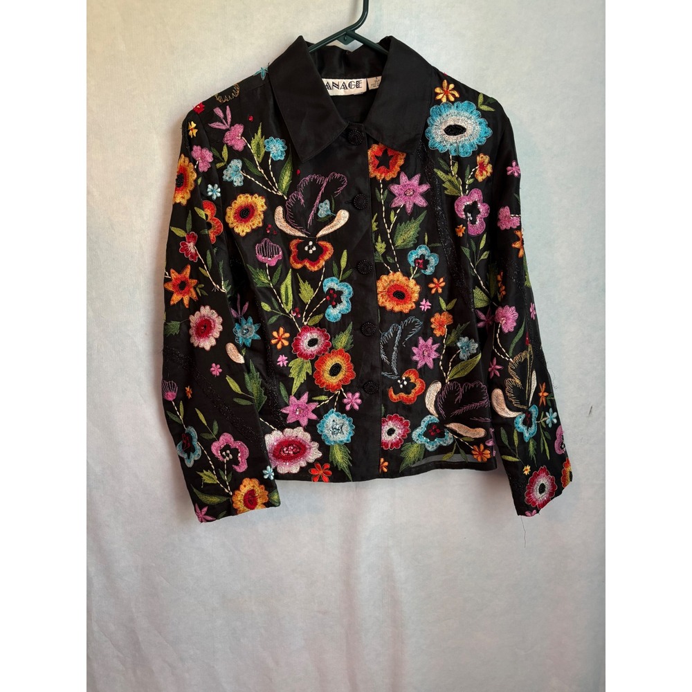 Vintage Anage Black Floral Embroidered 100% Silk Embellished Button Jacket Small